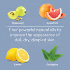Four powerful natural oils for skin improvement with images of Grapeseed, Grapefruit, Lemon, and Eucalyptus on a blue background.