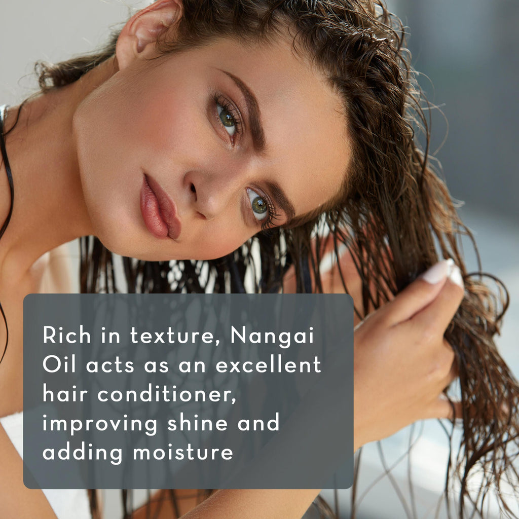 A woman with wet, wavy hair is seen applying hair product, as she gazes slightly to the side. The image contains a text box that reads: "Rich in texture, Nangai Oil, 4 fl oz acts as an excellent hair conditioner, improving shine and adding moisture.