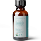 A dark amber glass bottle with a black cap, containing Organic Eucalyptus Oil, 1 fl oz from Pure Body Naturals. The label details its uses, including household cleaning and aromatherapy. The product is certified organic by CCOF and displays the USDA organic logo.