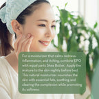 A woman with a headband is smiling and touching her face. A green text box overlays the image with instructions for using Evening Primrose Oil, 4 fl oz and shea butter as a nightly moisturizer to calm redness and inflammation, and to nourish and soften the skin.