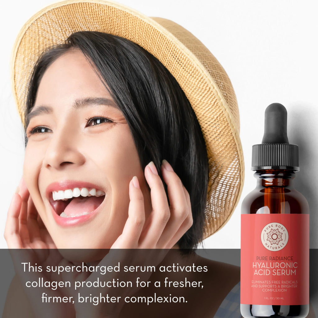 Woman applying serum with a bottle of Hyaluronic Acid Serum on a white background