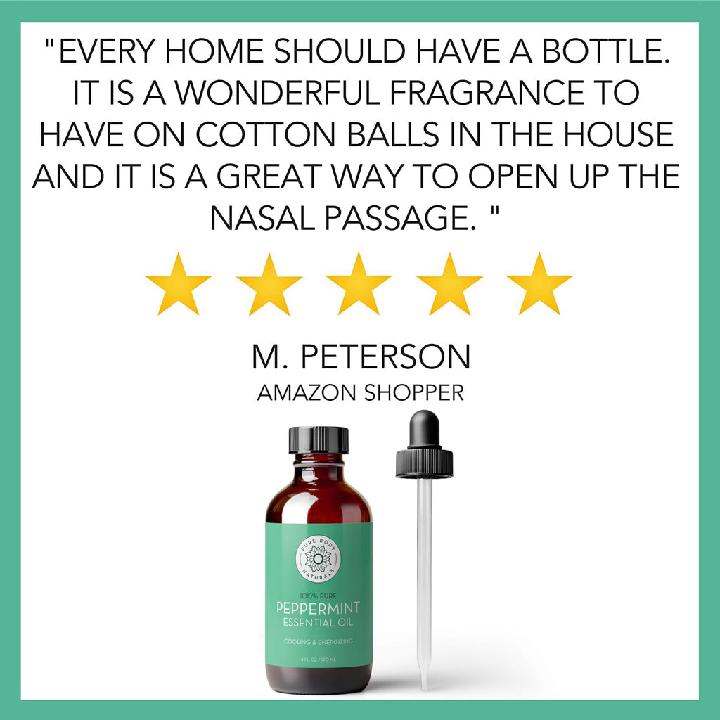 A review image for Peppermint Essential Oil, 4 fl oz with a 5-star rating. The review by M. Peterson reads: "Every home should have a bottle. It is a wonderful fragrance to have on cotton balls in the house and it is a great way to open up the nasal passage." Image shows the oil bottle and dropper.