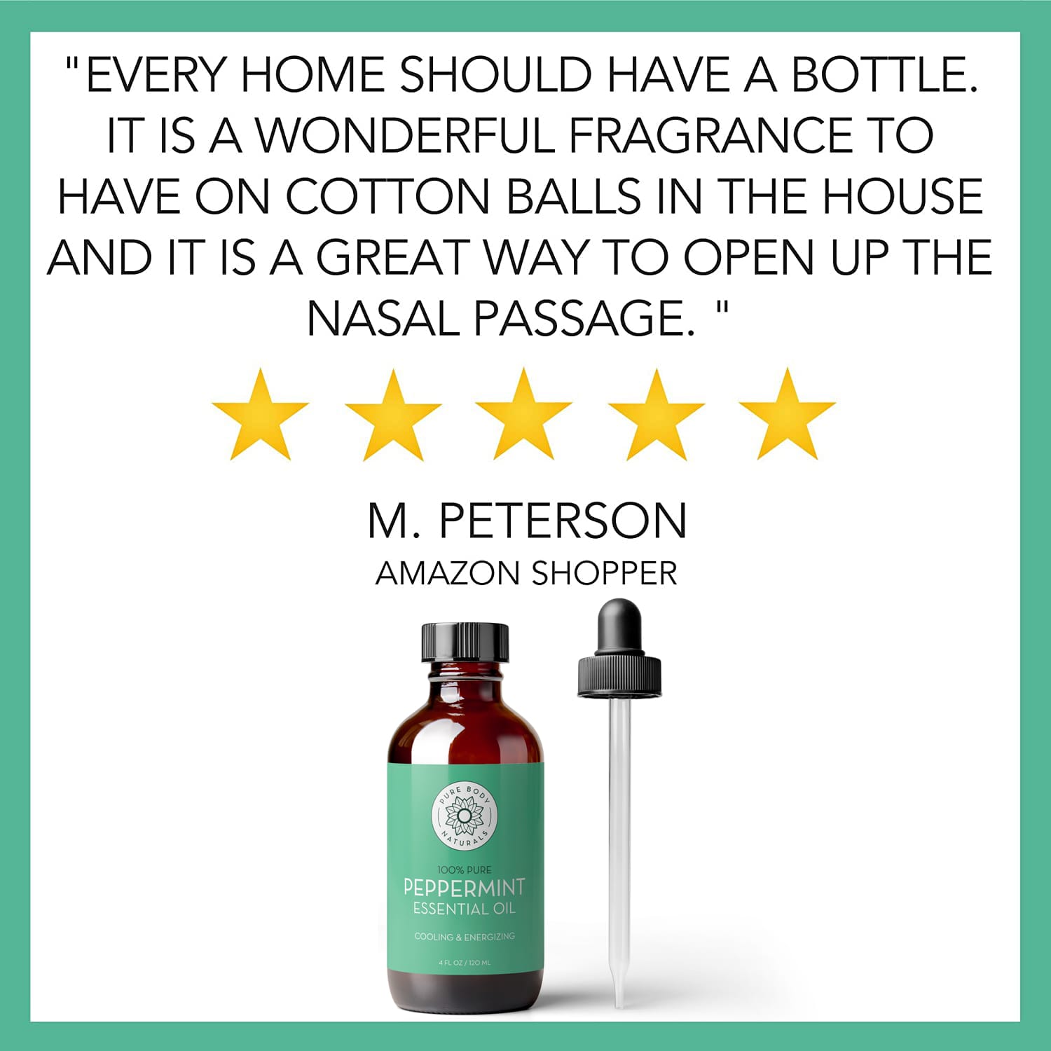 A review image for Peppermint Essential Oil, 4 fl oz with a 5-star rating. The review by M. Peterson reads: "Every home should have a bottle. It is a wonderful fragrance to have on cotton balls in the house and it is a great way to open up the nasal passage." Image shows the oil bottle and dropper.