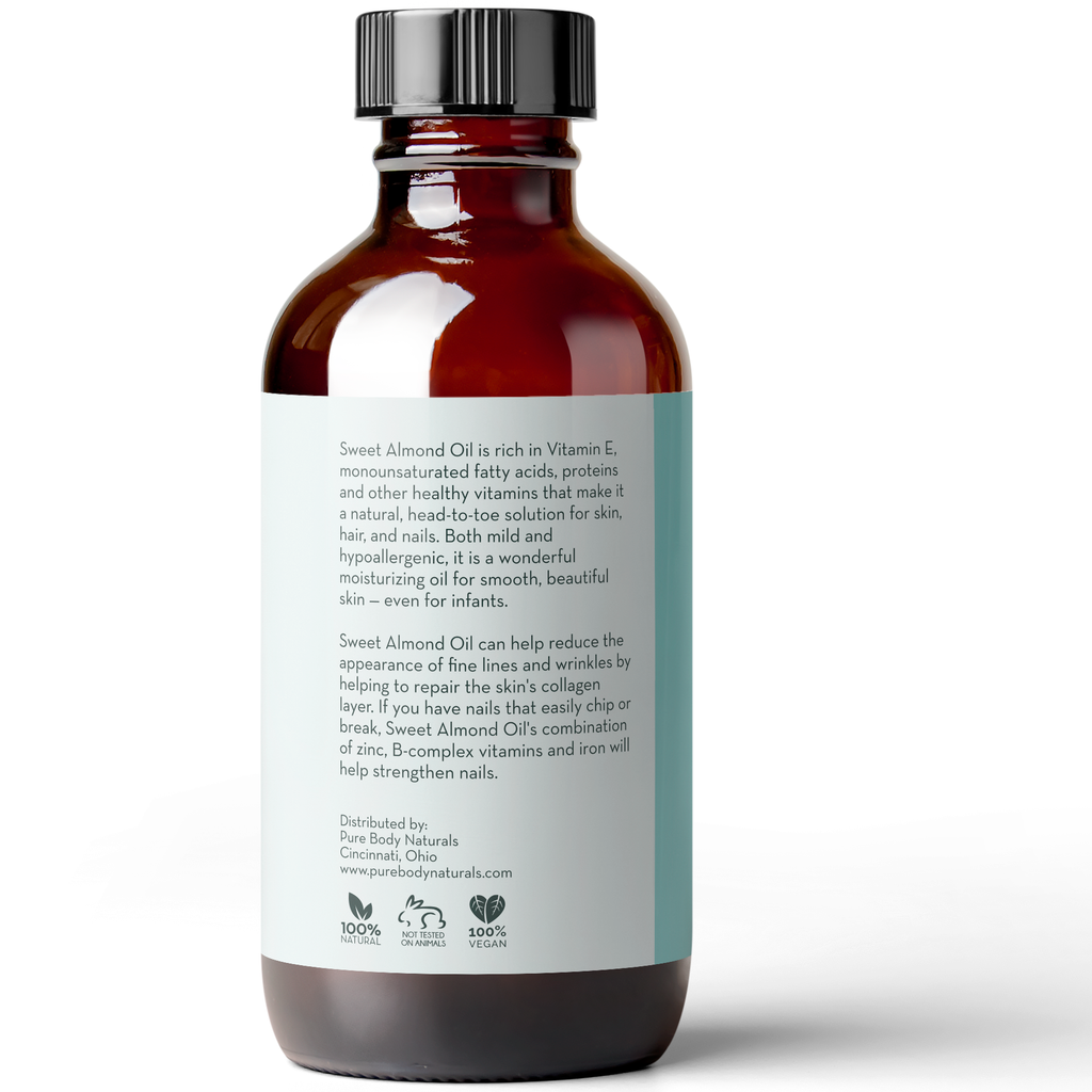 Bottle of sweet almond oil with a label on a white background