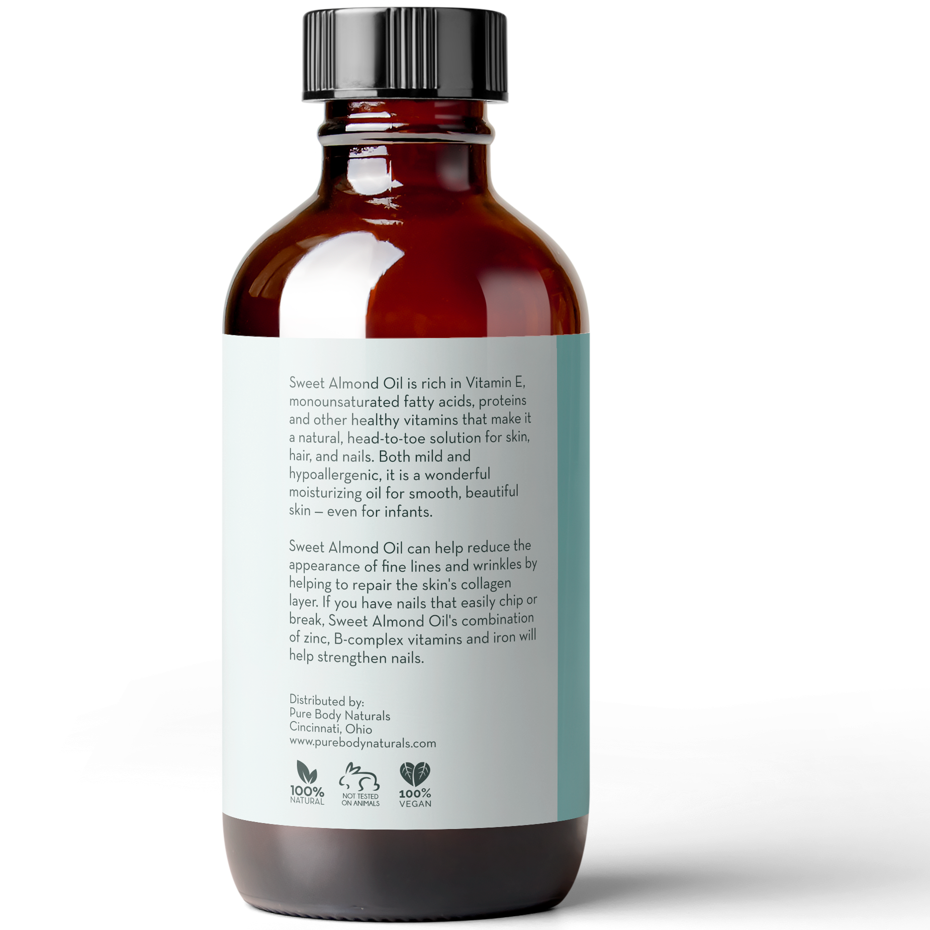 Bottle of sweet almond oil with a label on a white background