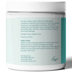 A jar of Moroccan Argan Oil Deep Hydration Hair Mask is shown. The label describes it as a sulfate- and paraben-free product that conditions and hydrates hair. Directions for use and company information, including the cruelty-free logo and contact details, are also printed on the label.