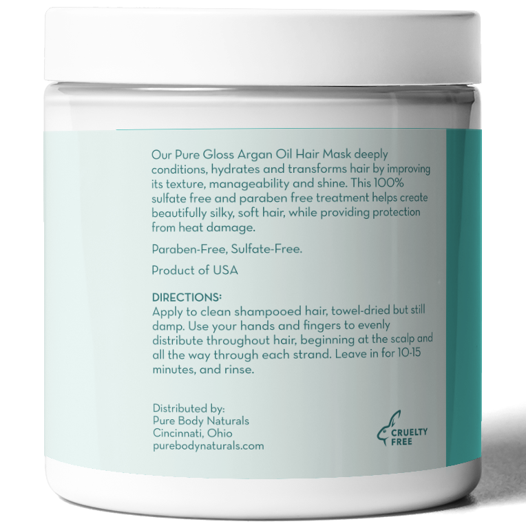 A jar of Moroccan Argan Oil Deep Hydration Hair Mask is shown. The label describes it as a sulfate- and paraben-free product that conditions and hydrates hair. Directions for use and company information, including the cruelty-free logo and contact details, are also printed on the label.