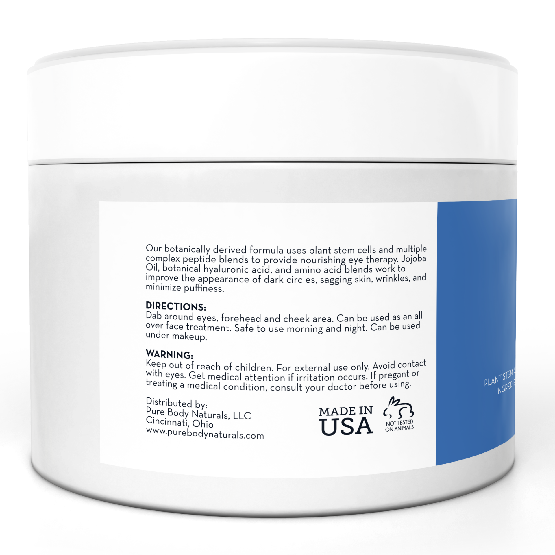 A white jar with a blue label containing Cool Hydration Eye Gel Treatment. The label describes the product as having plant stem cells, jojoba oil, hyaluronic acid, and amino acids. Directions, warnings, and distributor information are also visible. The product is made in the USA.