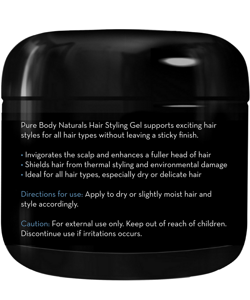 A black container of Hair Gel for Men is shown. The text on the container highlights its benefits such as enhancing hair fullness, providing thermal and environmental protection, and its suitability for all hair types. Directions and cautions are also provided.