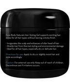 A black container of Hair Gel for Men is shown. The text on the container highlights its benefits such as enhancing hair fullness, providing thermal and environmental protection, and its suitability for all hair types. Directions and cautions are also provided.