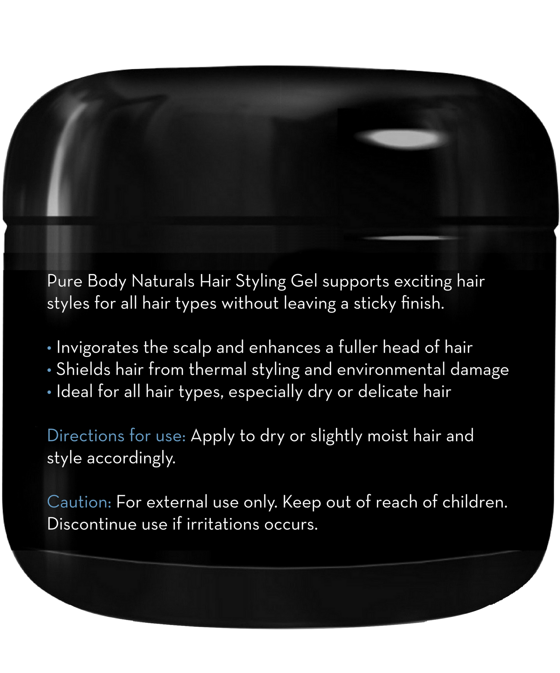 A black container of Hair Gel for Men is shown. The text on the container highlights its benefits such as enhancing hair fullness, providing thermal and environmental protection, and its suitability for all hair types. Directions and cautions are also provided.