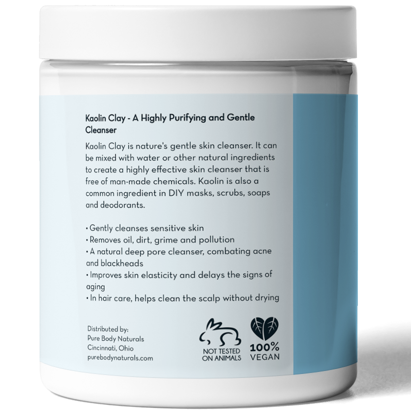 A white container with a blue label titled "Kaolin Clay Powder, 100 g - A Highly Purifying and Gentle Cleanser." The text details the properties and benefits of Kaolin Clay, emphasizing its natural and gentle cleansing abilities. The product is not tested on animals and is 100% vegan.