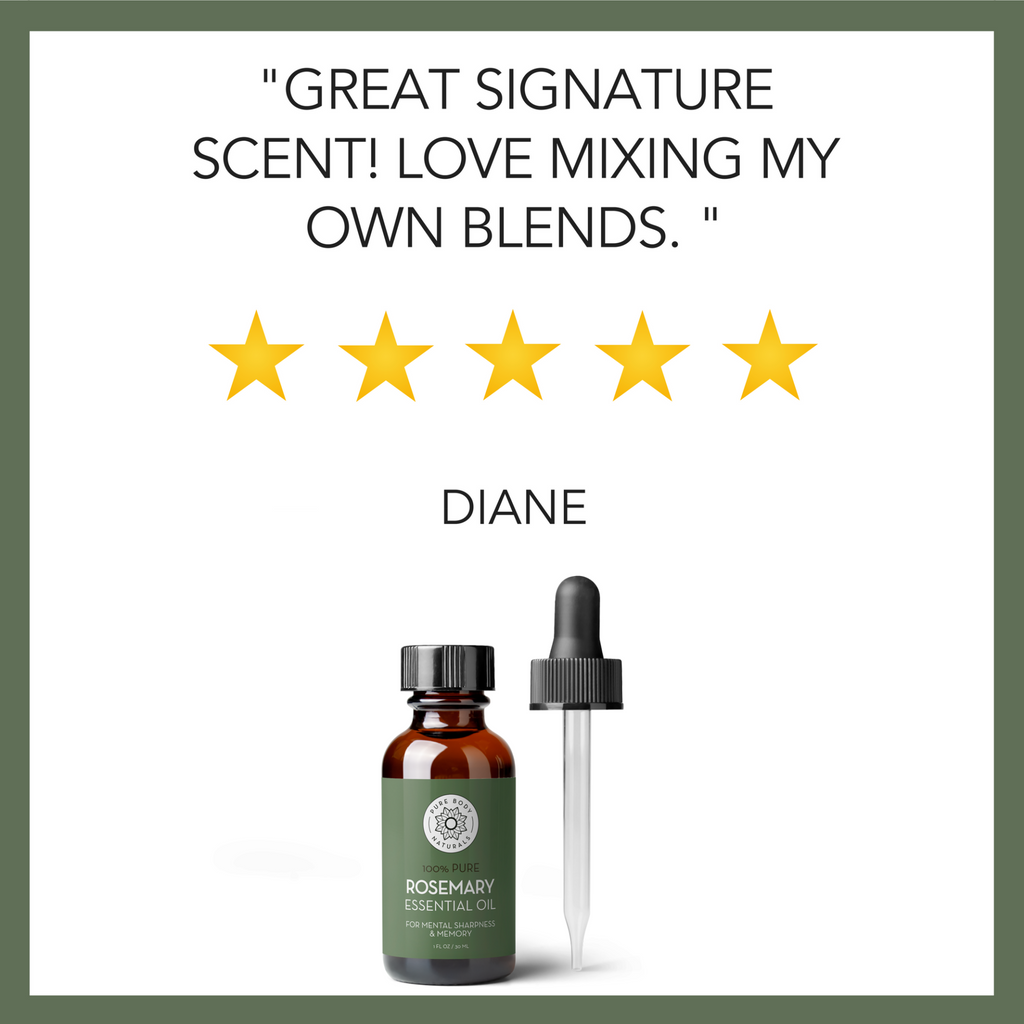 A bottle of Rosemary Essential Oil with a dropper next to it. Above the bottle is a five-star review saying, "GREAT SIGNATURE SCENT! LOVE MIXING MY OWN BLENDS." The review is attributed to someone named Diane.