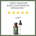 A bottle of Rosemary Essential Oil with a dropper next to it. Above the bottle is a five-star review saying, "GREAT SIGNATURE SCENT! LOVE MIXING MY OWN BLENDS." The review is attributed to someone named Diane.