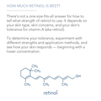 An informational graphic titled "How Much Retinol is Best?" explains that the best retinol strength varies based on skin type, concerns, and tolerance. It suggests starting with a lower concentration. At the bottom is a molecular diagram labeled "Retinol Face Serum with Witch Hazel, Myrtle Oil, and Ginseng, 1 Fl Oz.