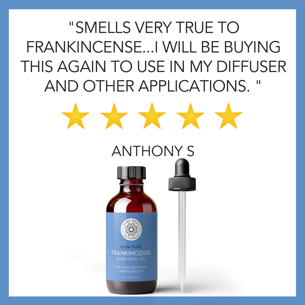 A bottle of Frankincense Essential Oil, 4 fl oz with a dropper is featured below a review. The review by "Anthony S" reads, "Smells very true to frankincense...I will be buying this again to use in my diffuser and other applications." Five gold stars are displayed below the text.