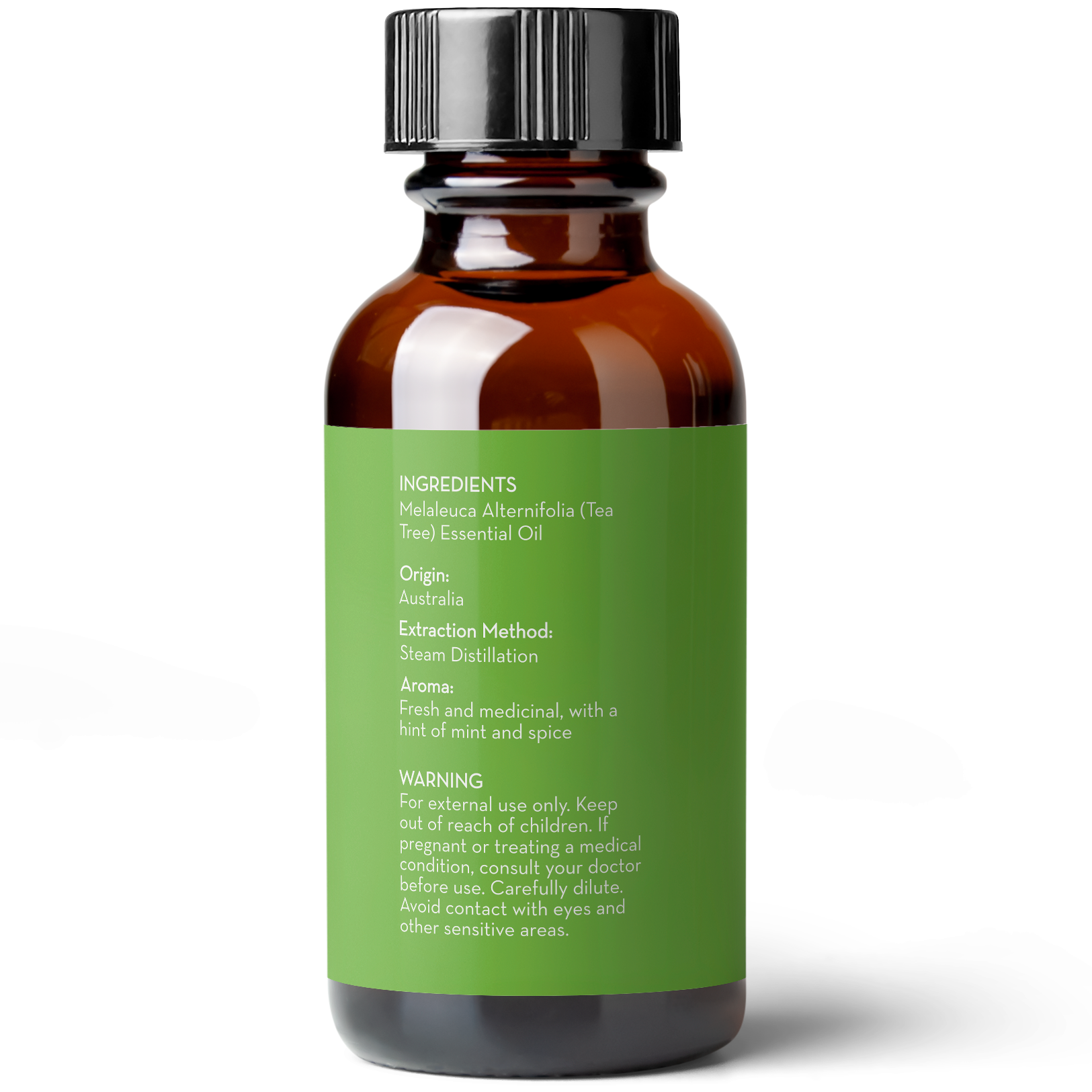 A brown glass bottle with a black cap and a green label. The label lists ingredients as tea tree oil from Australia, extracted via steam distillation. The aroma is described as fresh and medicinal with hints of mint and spice. Contains a warning for external use only. Product Name: Tea Tree Essential Oil, 1 fl oz