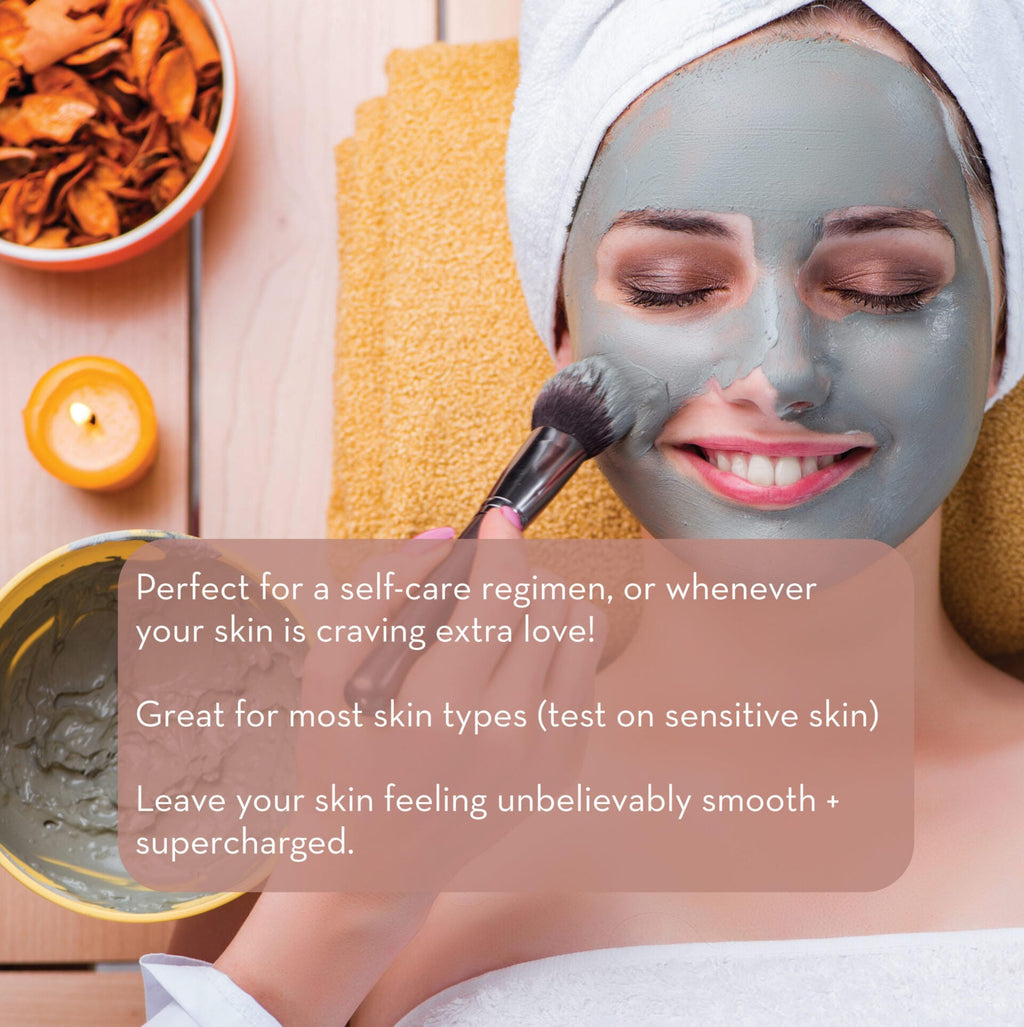 Person applying a facial mask with text about self-care and product benefits.