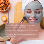 Person applying a facial mask with text about self-care and product benefits.