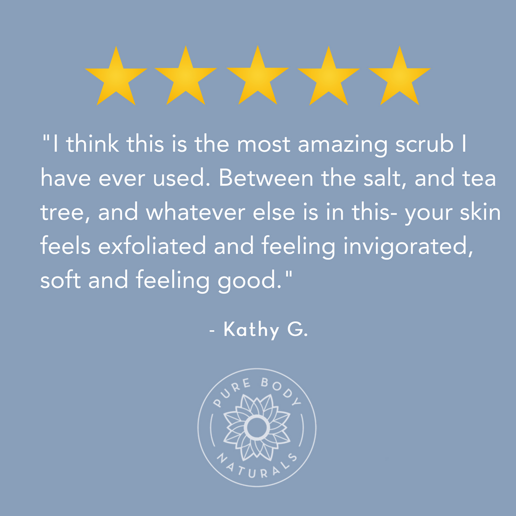Five-star review for a product with a blue background and Pure Body Naturals logo.