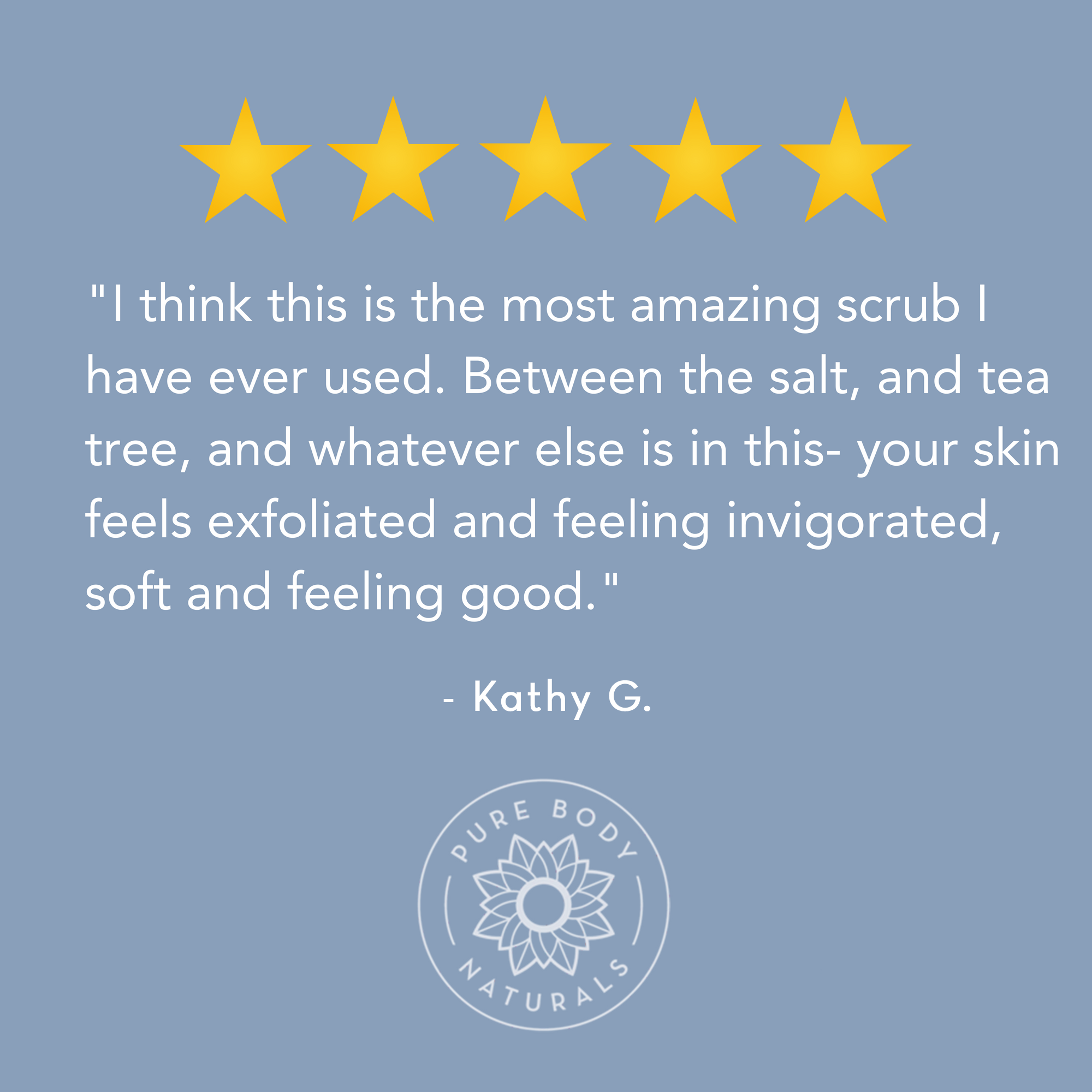 Five-star review for a product with a blue background and Pure Body Naturals logo.