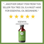 A customer review reads: "...another great item from this seller! Tea Tree Essential Oil, 4 fl oz is a must-have for essential oil beginners." - Kseniya, Amazon shopper. The review is accompanied by five stars and an image of a bottle labeled "Tea Tree Essential Oil, 4 fl oz.