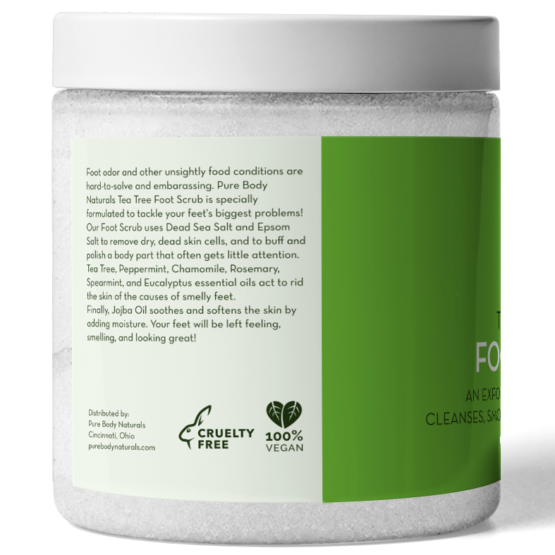 Jar of foot scrub with text and branding on a white background