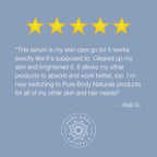 A review with five yellow stars at the top. Below the stars, there's text praising Brilliance-C Vitamin C Face Serum by Pure Body Naturals, mentioning improvements in skin clarity and brightness. The review is by Kali G. The Pure Body Naturals logo is at the bottom.