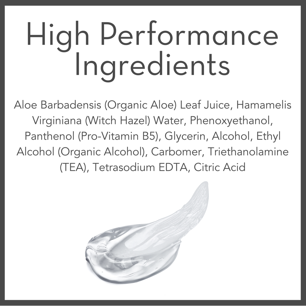 An image titled "High Performance Ingredients" lists the following components: Aloe Barbadensis (Organic Aloe) Leaf Juice, Hamamelis Virginiana (Witch Hazel) Water, Phenoxyethanol, Panthenol (Pro-Vitamin B5), Glycerin, Alcohol, Ethyl Alcohol (Organic Alcohol), Carbomer, Triethanolamine (TEA), Tetrasodium EDTA, Citric Acid. Below is a clear, gel-like substance of Hair Gel for Men.