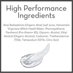 An image titled "High Performance Ingredients" lists the following components: Aloe Barbadensis (Organic Aloe) Leaf Juice, Hamamelis Virginiana (Witch Hazel) Water, Phenoxyethanol, Panthenol (Pro-Vitamin B5), Glycerin, Alcohol, Ethyl Alcohol (Organic Alcohol), Carbomer, Triethanolamine (TEA), Tetrasodium EDTA, Citric Acid. Below is a clear, gel-like substance of Hair Gel for Men.