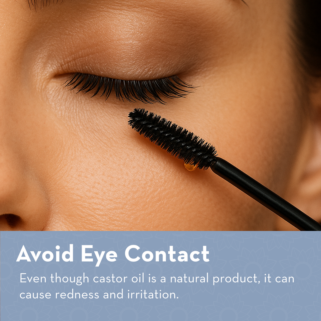 Mascara wand with castor oil near closed eye, warning text to avoid eye contact due to possible irritation.