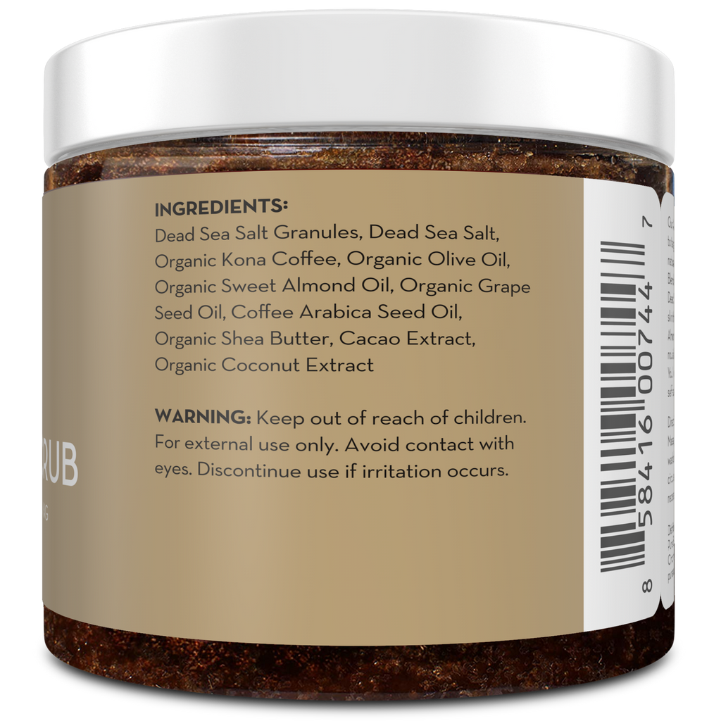 Jar of scrub with visible ingredients list and warning on a white background
