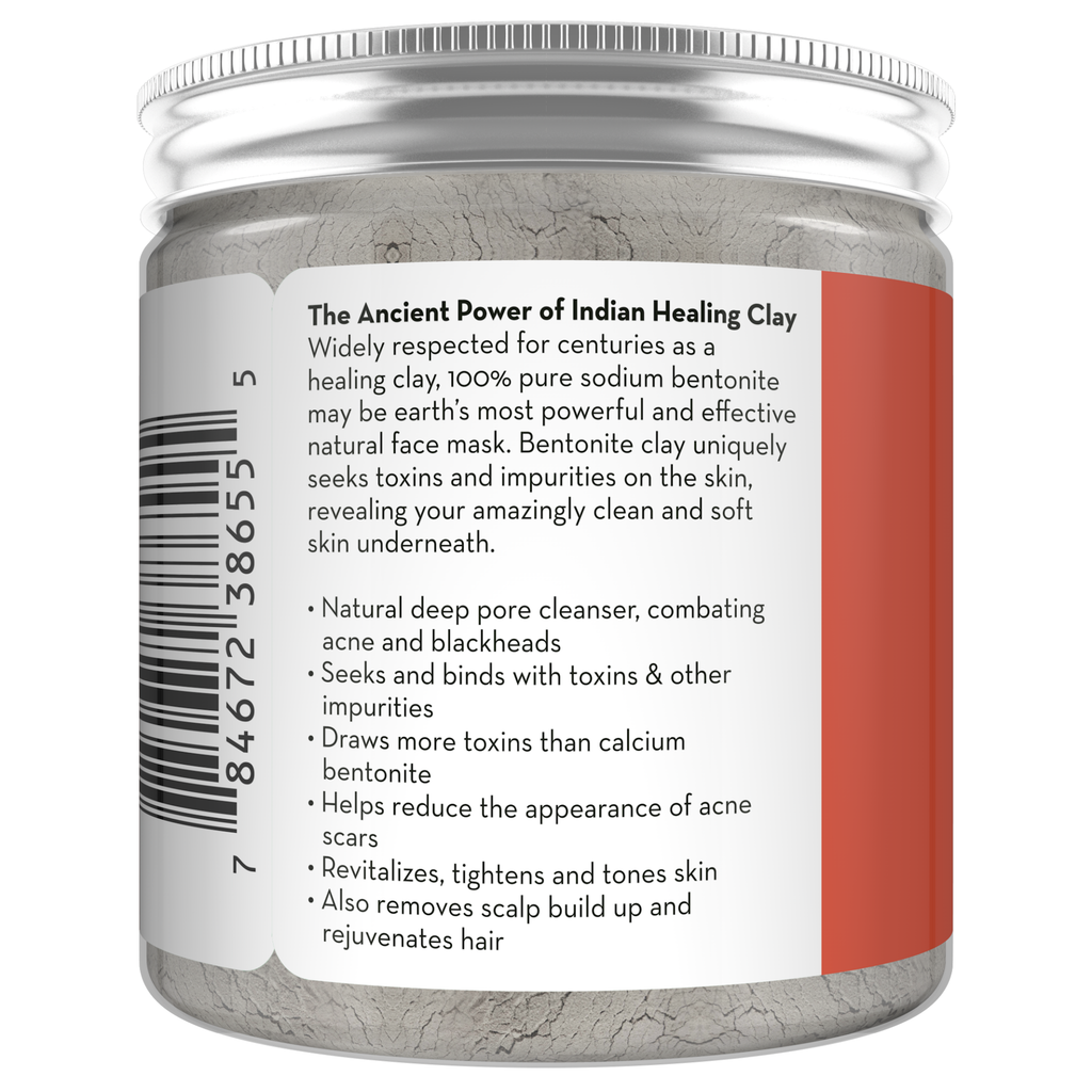 A jar of Bentonite Indian Healing Clay, 100% Pure with a detailed product description on the back. The text highlights the benefits, including deep pore cleansing, toxin removal, improved skin texture, and scalp rejuvenation. The jar has a barcode and lists bentonite clay as the main ingredient.