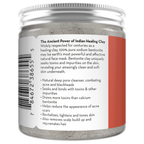 A jar of Bentonite Indian Healing Clay, 100% Pure with a detailed product description on the back. The text highlights the benefits, including deep pore cleansing, toxin removal, improved skin texture, and scalp rejuvenation. The jar has a barcode and lists bentonite clay as the main ingredient.