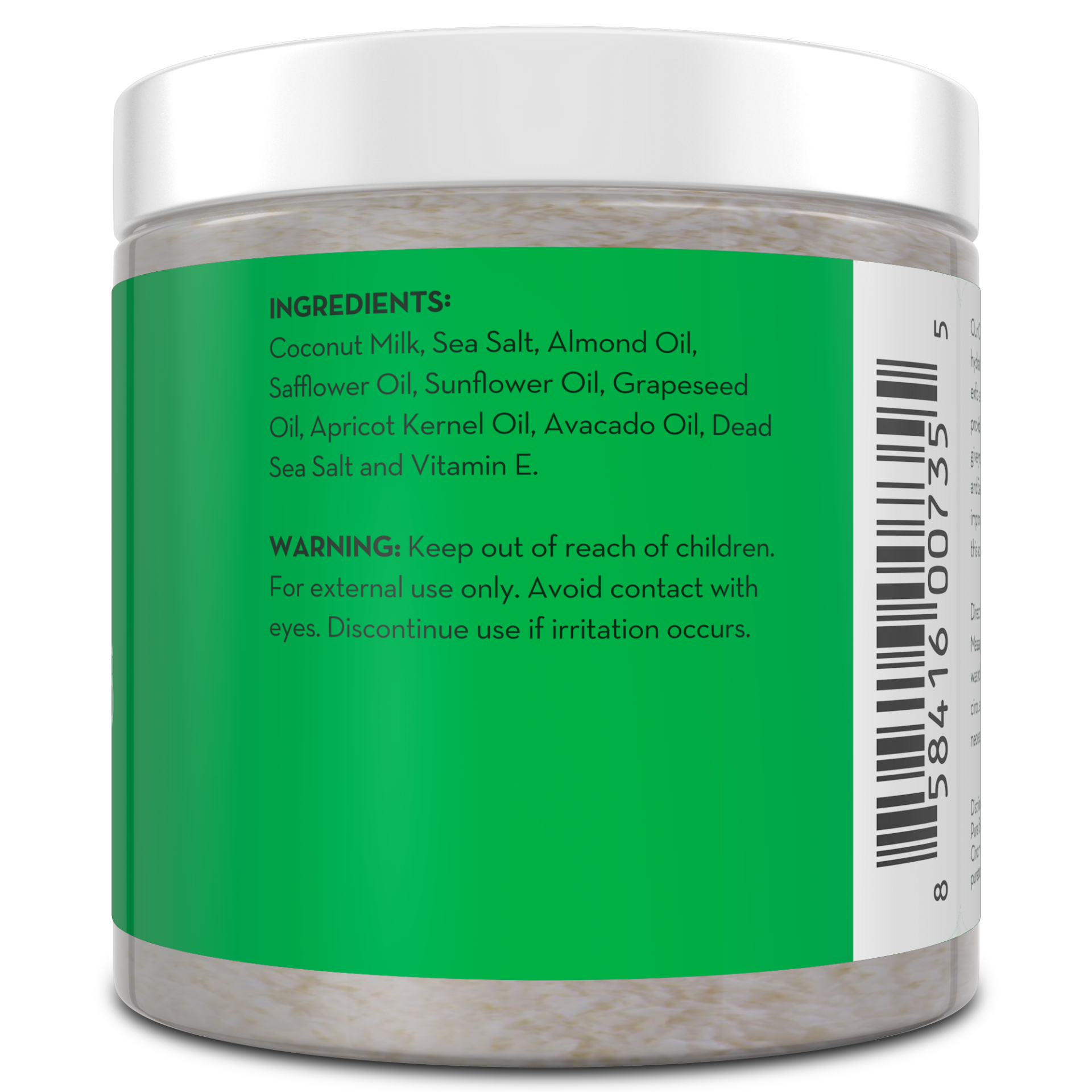 A jar of Coconut Milk Exfoliating Body Scrub with a green label lists ingredients including coconut milk, sea salt, almond oil, safflower oil, sunflower oil, grapeseed oil, apricot kernel oil, avocado oil, Dead Sea salt, and vitamin E. A warning advises keeping out of reach of children and to discontinue use if irritation occurs.
