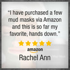 Five-star Amazon review for a mud mask with a blurred background
