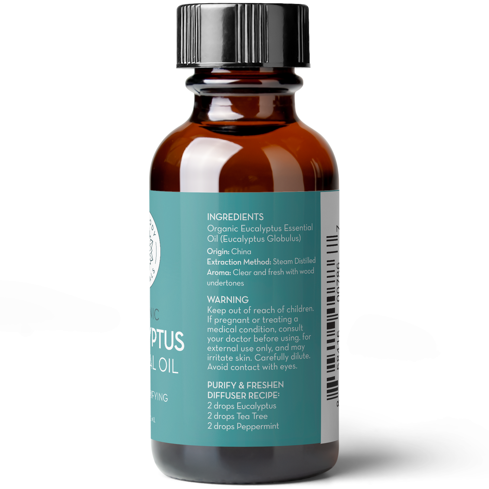 A brown glass bottle with a black cap labeled "Organic Eucalyptus Oil, 1 fl oz." The label lists ingredients, origin, extraction method, aroma description, warnings, and a diffuser recipe. The bottle is positioned against a white background.