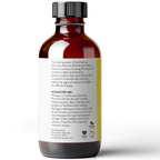 A brown glass bottle with a labeled description. The text explains that the bottle contains Evening Primrose Oil, 4 fl oz, which helps nourish skin and hair, reduce signs of eczema, and relieve dryness. Instructions for use are provided. The bottle has sustainability icons and branding.
