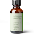 A brown glass bottle with a black cap contains Tea Tree Essential Oil, 1 fl oz. The label describes its antiseptic properties and includes a diffuser recipe: 2 drops Tea Tree, 2 drops Peppermint, and 2 drops Eucalyptus. The Pure Body Naturals logo is at the bottom.