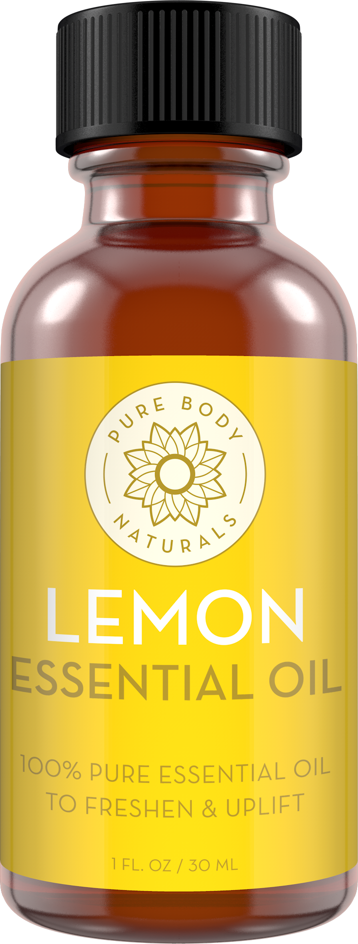 A 1 fl. oz (30 ml) amber glass bottle of Lemon Essential Oil. The bottle has a black screw-on cap and a yellow label with the text "Lemon Essential Oil" and "100% Pure Essential Oil to Freshen & Uplift.