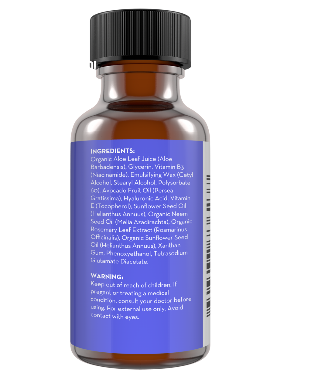 A brown bottle with a blue label listing its ingredients and a warning. Ingredients include organic aloe leaf juice, glycerin, and various essential oils. The warning advises keeping out of reach of children and consulting a doctor before use on medical conditions. The label reads: Vitamin B3 Serum.