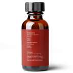 A brown glass bottle with a black cap and a red label. The label lists the ingredients, origin, extraction method, and aroma of Rosehip Seed Oil, 1 fl oz. It also includes a warning for external use, advising to keep out of reach of children and consult a doctor if pregnant.