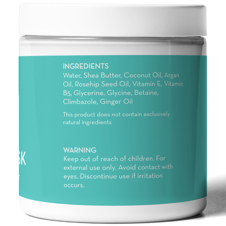 A white jar with a turquoise label listing ingredients and a warning. Ingredients include water, shea butter, coconut oil, argan oil, and others. The warning states to keep out of reach of children and avoid contact with eyes, and to discontinue use if irritation occurs. Product Name: Moroccan Argan Oil Deep Hydration Hair Mask