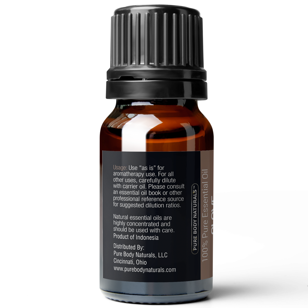 A small dark amber glass bottle with a black cap. The label displays instructions: "Usage: Use 'as is' for aromatherapy use. For all other uses, carefully dilute with carrier oil. Consult an essential oil book for suggested dilution ratios." It is distributed by Pure Body Naturals. Clove Essential Oil, 10 ml.