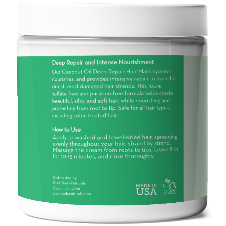 A white jar of Coconut Oil Intensive Repair Hair Mask with a green label. The label details its intensive hydration and nourishment benefits for hair, instructions for use, and mentions it is made in the USA and contains no sulfates or parabens.