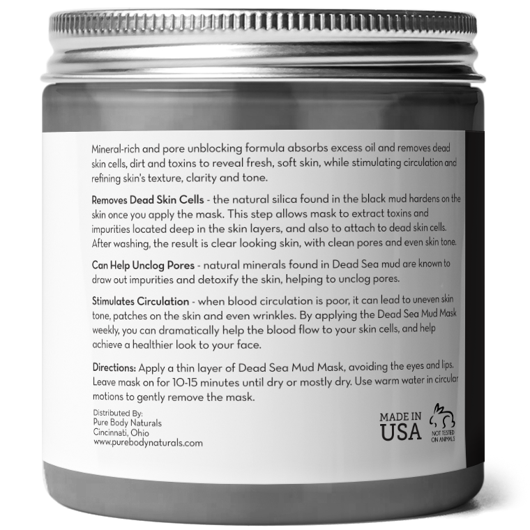 A labeled jar of Dead Sea Mud Mask. The label details benefits, such as removing dead skin cells, detoxifying skin, unclogging pores, and improving skin circulation. Instructions for use and the “Made in USA” mark are also visible.