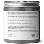 A labeled jar of Dead Sea Mud Mask. The label details benefits, such as removing dead skin cells, detoxifying skin, unclogging pores, and improving skin circulation. Instructions for use and the “Made in USA” mark are also visible.
