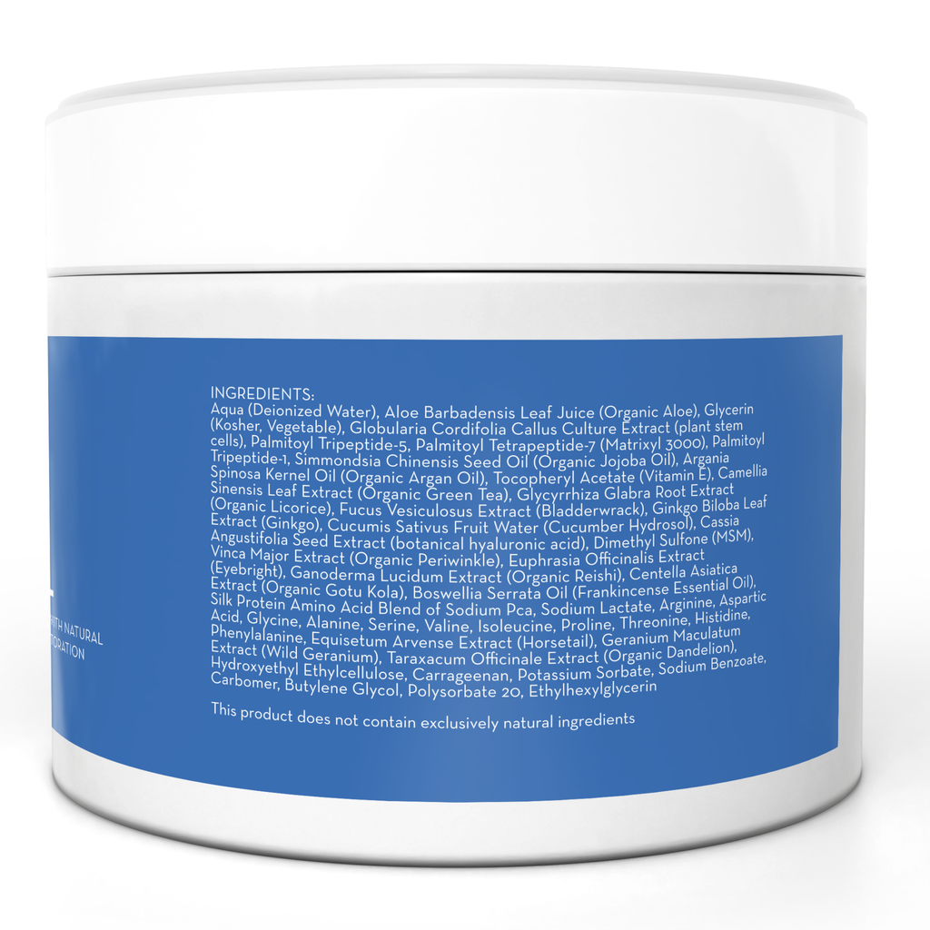 A white jar with a blue label listing ingredients. Some of the ingredients include water, aloe barbadensis leaf juice, glycerin, organic aloe, camellia sinensis leaf extract, and several other natural extracts and compounds. Text states the Cool Hydration Eye Gel Treatment does not contain artificial ingredients.