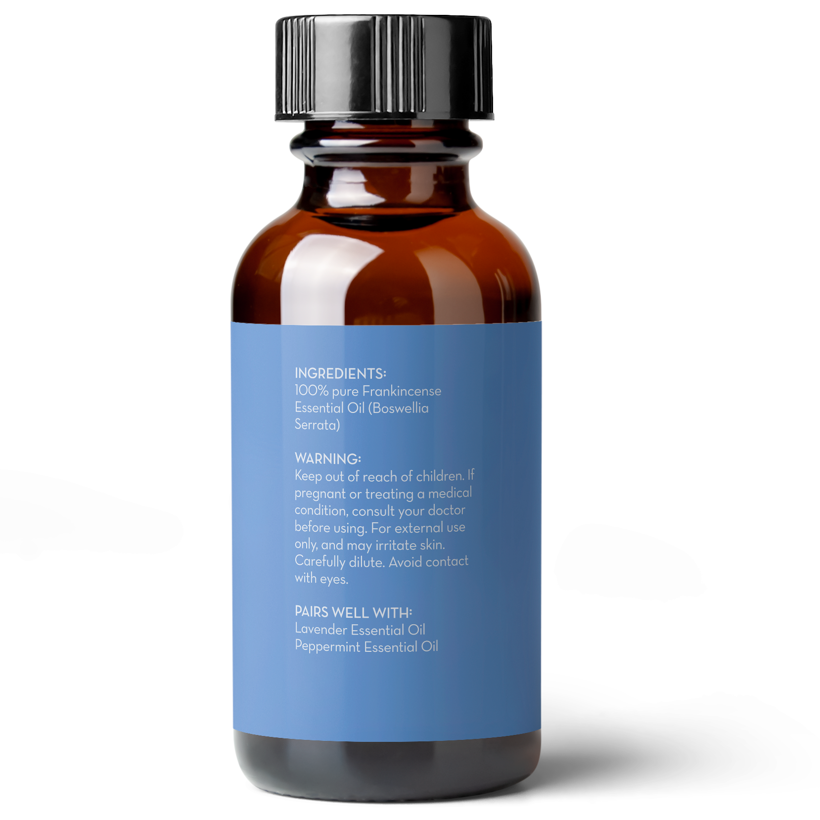 A brown glass bottle with a black cap contains Frankincense Essential Oil, 1 fl oz. The blue label mentions ingredients, a warning to keep out of reach of children, and pairing suggestions with lavender and peppermint essential oils.