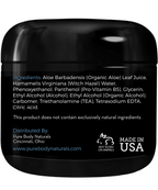 A black cosmetic jar labeled "Hair Gel for Men" lists ingredients: Aloe Barbadensis (Organic Aloe) Leaf Juice, Hamamelis Virginiana (Witch Hazel) Water, and other substances. It states "not tested on animals" and indicates it is made in the USA. The distributor is Pure Body Naturals, Cincinnati, Ohio.